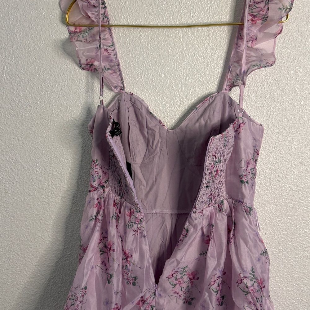 NWT-Lulus- Sweetest Emotion Lilac Floral Ruffled Tiered Bustier Midi Dress-small - Picture 12 of 16